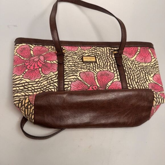 Tommy Hilfiger Pink Floral Canvas Tote Bag Brown Leather Accents 17"x10"x5" EUC - Picture 15 of 16